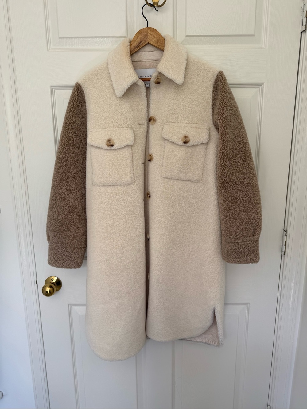 Rebecca Minkoff Two-Tone Sherpa Coat in Cream & Taupe